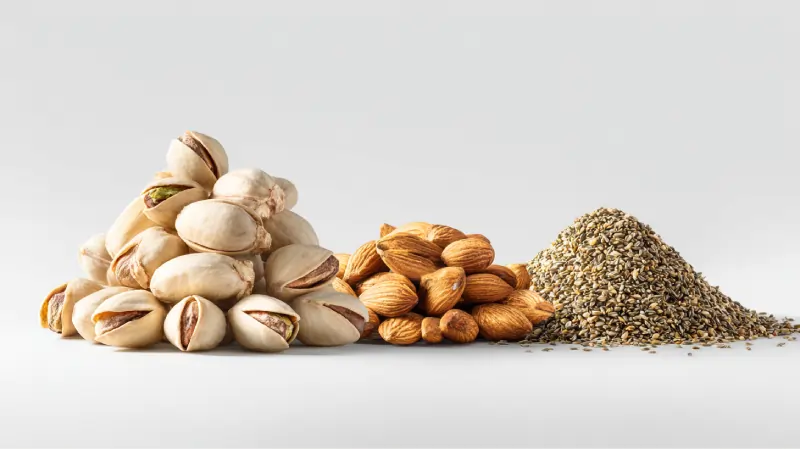 عکس روی پس‌زمینه سفید تمیز، شامل سه محصول شاخص سیرجان که در یک ترکیب متعادل چیده شده‌اند: • یک مقدار از پسته خندان سیرجان (پریمیوم) • چند عدد بادام سیرجان • یک توده کوچک زیره سبز