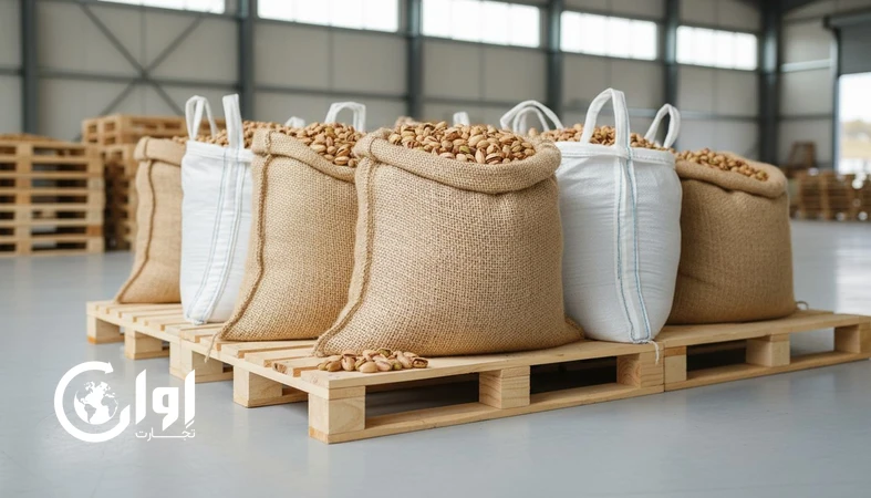 پسته فندقی سیرجان صادراتی در بسته‌بندی فله کیسه و گونی روی پالت در انبار