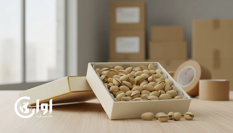 پسته کله‌قوچی سیرجان با بسته‌بندی پریمیوم و کادویی صادراتی در جعبه سخت، مناسب Private Label و عرضه روی شلف