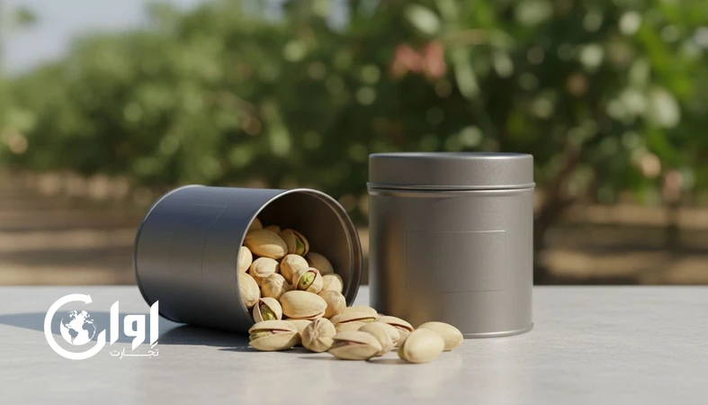 تصویر پسته کله‌قوچی سیرجان در قوطی فلزی صادراتی با نمای نزدیک از دانه‌ها و بسته‌بندی قوطی و کنسرو پسته