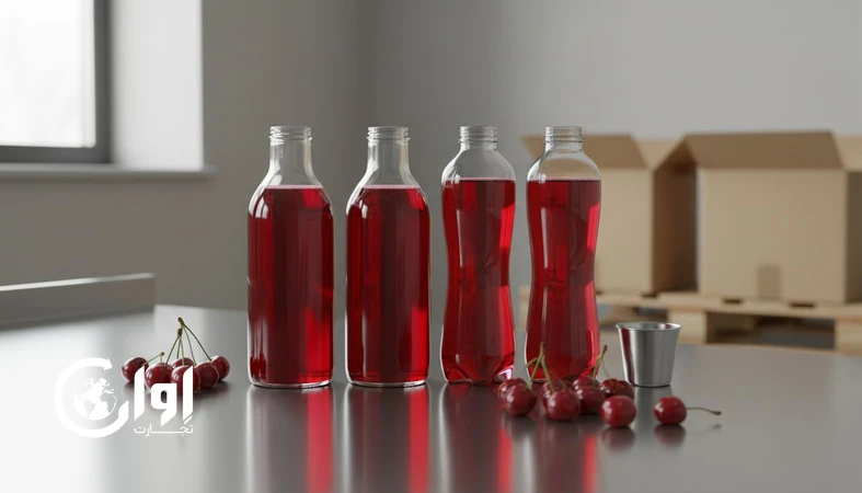شربت آلبالو بسته بندی بطری و شیشه روی میز کنترل کیفیت برای صادرات B2B_اوان تجارت