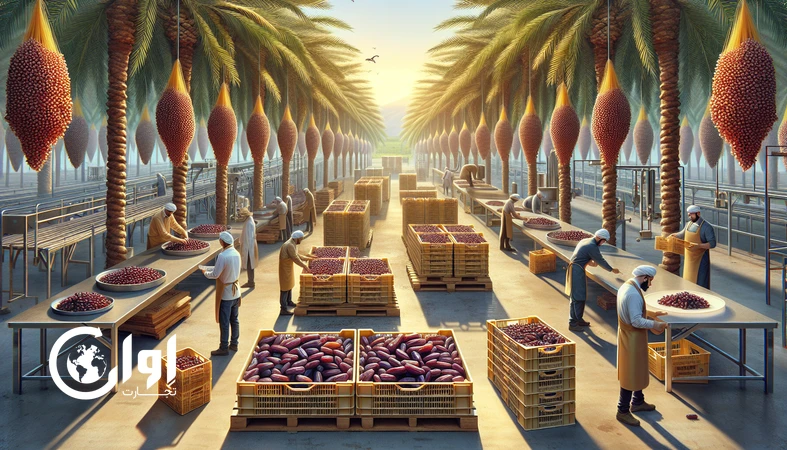زنجیره تأمین و بسته‌بندی صادراتی خرمای جنوب فارس و بوشهر از نخلستان تا پالت و کارتن