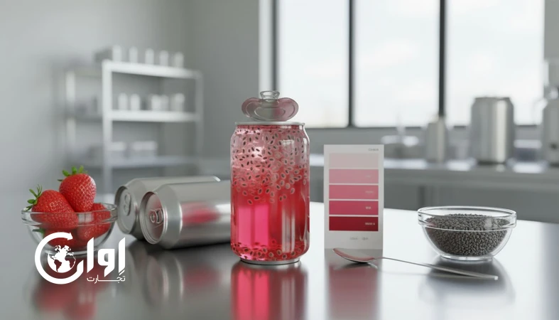 کنترل کیفیت نوشیدنی تخم شربتی توت فرنگی در قوطی کنسرو برای صادرات؛ بررسی رنگ، طعم و یکنواختی دانه ها_اوان تجارت