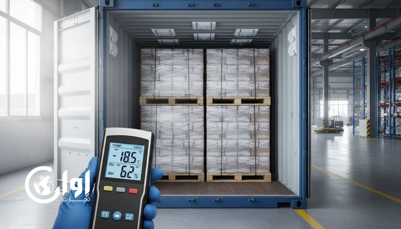 کنترل دما و رطوبت در حمل‌ونقل مواد غذایی با کانتینر یخچالی و ابزار اندازه‌گیری برای حفظ شرایط نگهداری صادراتی