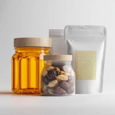 «بسته‌بندی صادراتی محصولات غذایی با طراحی پریمیوم شامل جار شیشه‌ای عسل، ظرف شفاف پسته و خرما و پاکت فویل ایستاده؛ نمایش استانداردهای بسته‌بندی اوان تجارت برای بازارهای بین‌المللی»