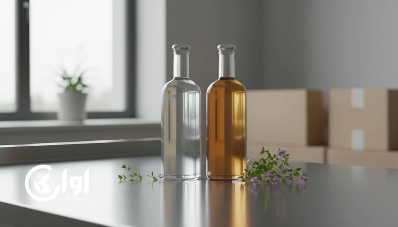 بطری شیشه‌ای شفاف و کهربایی عرق آویشن روی میز کنترل کیفیت برای بسته‌بندی صادراتی_اوان تجارت