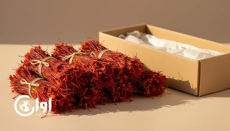 زعفران دسته تربت حیدریه (زعفران دخترپیچ صادراتی) کنار بسته‌بندی کارتن مقوایی زعفران صادرات_اوان تجارت