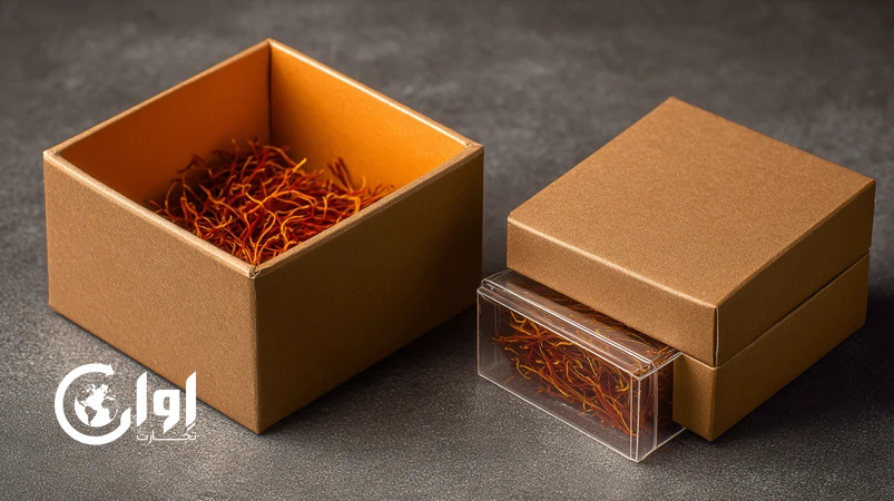 زعفران سرگل تربت حیدریه با جعبه مقوایی زعفران برای صادرات و فروشگاه مقصد_اوان تجارت