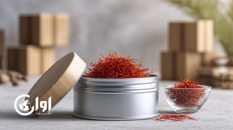 زعفران سرگل تربت حیدریه در بسته‌بندی قوطی و کنسرو صادراتی روی پس‌زمینه روشن با نمایش رشته‌های زعفران