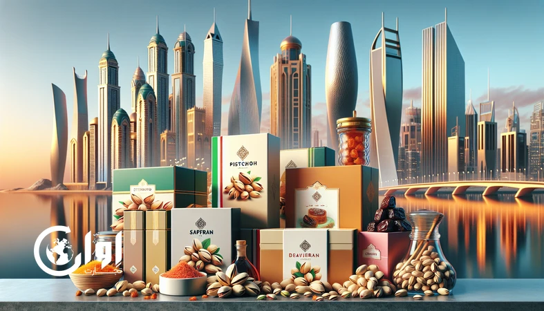 premium Iranian pistachios, saffron, dates and sweets in export packaging with Dubai, Doha and Kuwait City skyline as key Gulf markets