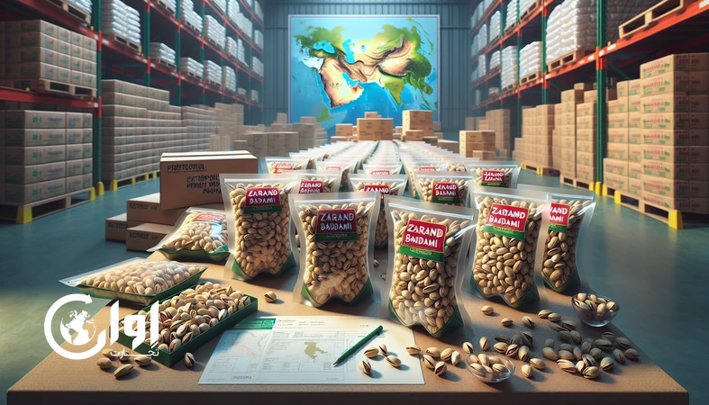 پسته بادامی زرند با بسته‌بندی پاکت و وکیوم در کارتن صادراتی، مناسب برای خرید عمده و صادرات بین‌المللی