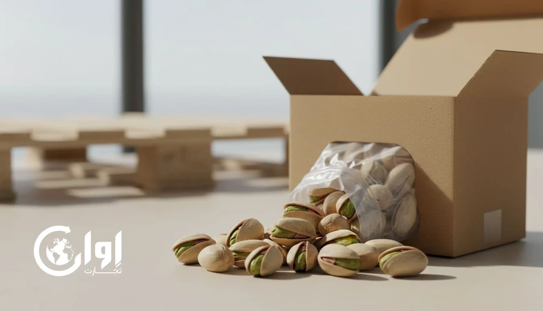 پسته کله‌قوچی زرند با بسته‌بندی جعبه مقوایی برای خرید عمده و صادرات B2B_اوان تجارت