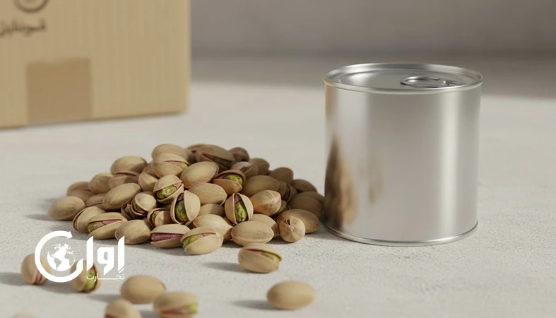 پسته کله‌قوچی زرند در کنار قوطی فلزی صادراتی؛ نمایش بسته‌بندی قوطی و کنسرو پسته برای تامین عمده و کنترل کیفیت