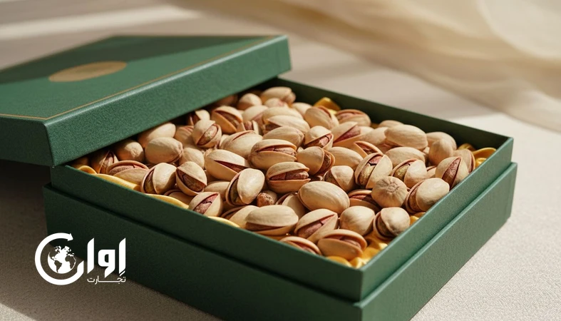تصویر پسته کله‌قوچی زرند در بسته‌بندی پریمیوم و کادویی مناسب صادرات و عرضه رده‌بالا