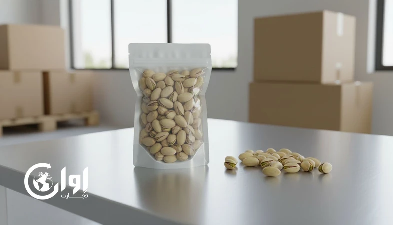 پاکت وکیوم پسته اکبری زرند با ظاهر بسته‌بندی صادراتی روی میز بسته‌بندی، مناسب معرفی محصول B2B_اوان تجارت