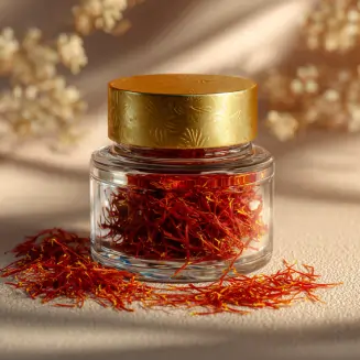 تصویری از زعفران مرغوب صادراتی با بسته بندی قوطی شیشه . اوان تجارت