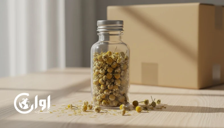 بابونه خشک بسته‌بندی شیشه بطری با گل‌های کامل؛ مناسب خرید عمده و صادرات ریتیل