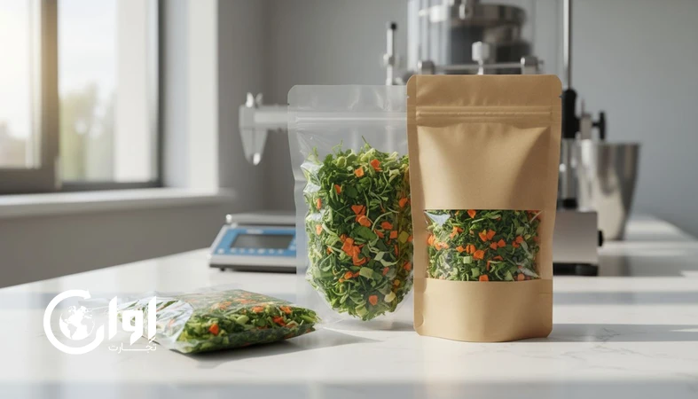 تصویر بسته‌بندی پاکت و وکیوم سبزی خشک سوپ با نمایی از میکس سبزیجات خشک و تمرکز بر کیفیت و صادرات