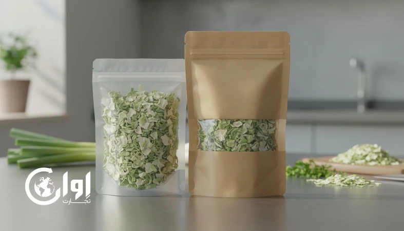 پیازچه خشک بسته‌بندی پاکت و وکیوم برای صادرات؛ نمایش بافت پیازچه خشک و بسته‌بندی مناسب کنترل رطوبت و بو