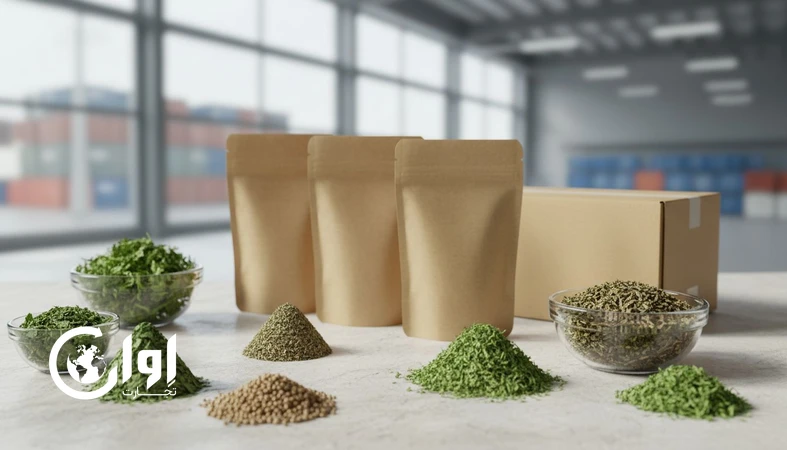 چیدمان سبزی ها و گیاهان خشک برای خرید عمده و صادرات با بسته بندی صادراتی در پس زمینه